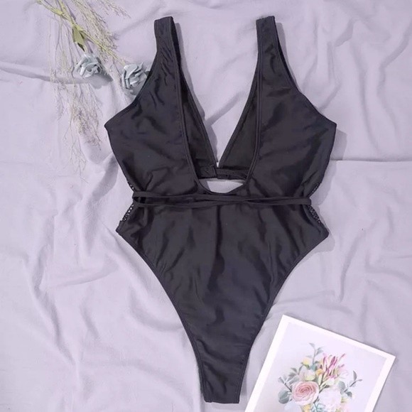 Swimsuit Black Mesh Cut Out Lace Up One Piece Swimsuit - Picture 3 of 5